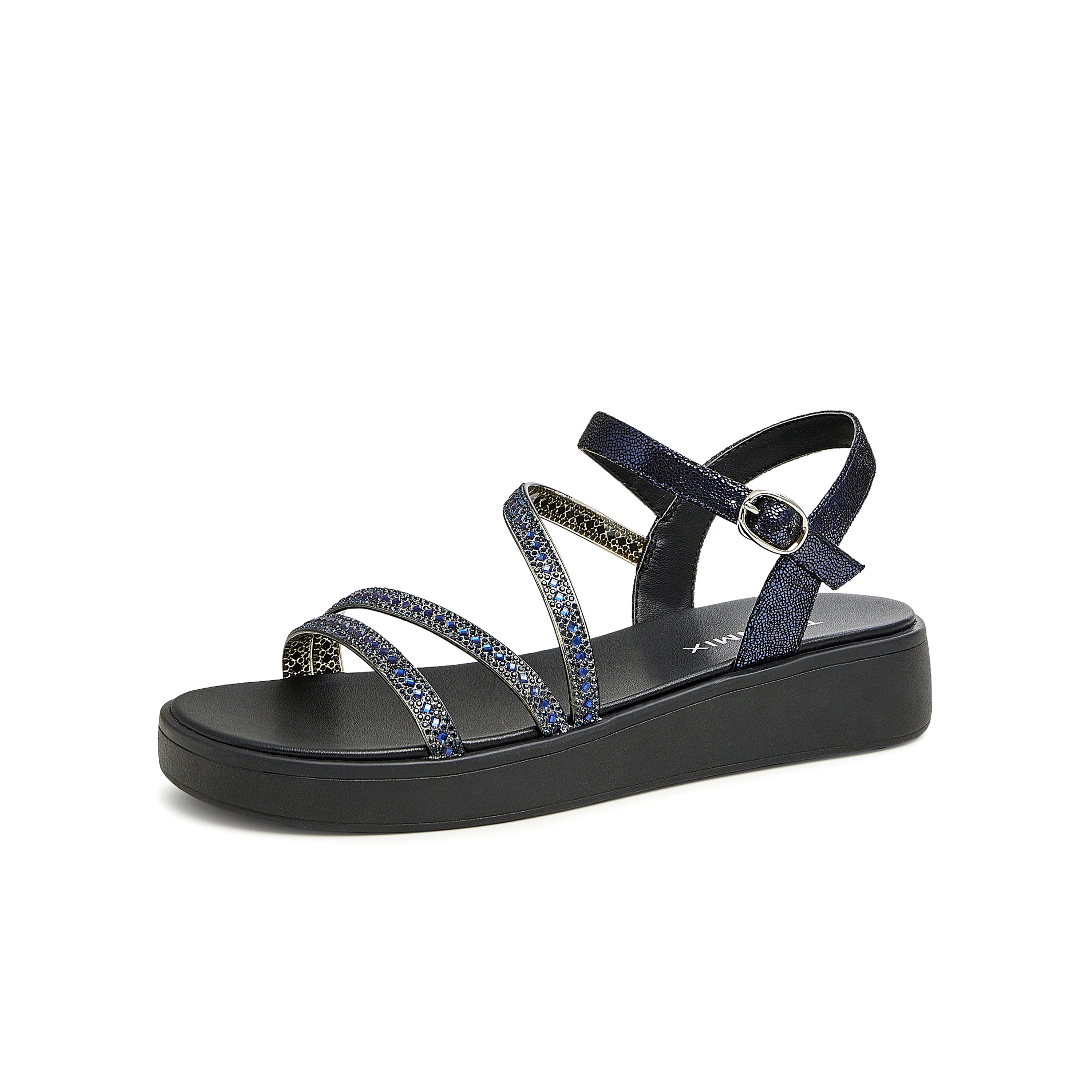 天美意2023夏新款商场同款条带时尚坡跟闪钻罗马女凉鞋CTF14BL3