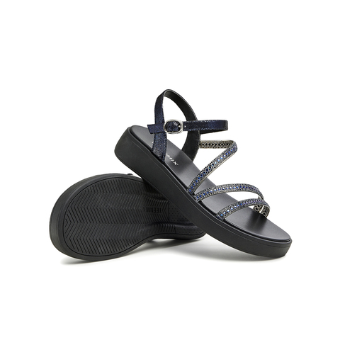 天美意2023夏新款商场同款条带时尚坡跟闪钻罗马女凉鞋CTF14BL3