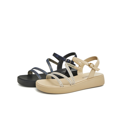 天美意2023夏新款商场同款条带时尚坡跟闪钻罗马女凉鞋CTF14BL3