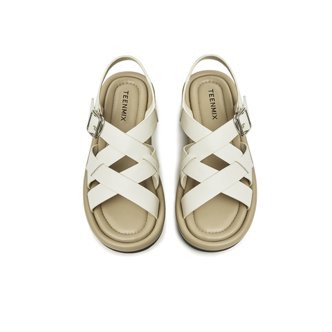 天美意2023夏新款交叉带罗马鞋舒适平底韩版休闲女凉鞋AN011BL3