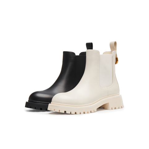 天美意2023冬复古英伦粗跟切尔西靴气质通勤女皮短靴NQX01DD3