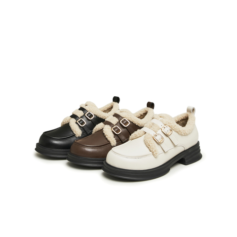 天美意2024春新款商场同款保暖英伦风皮鞋毛毛鞋女单鞋BI071AM4