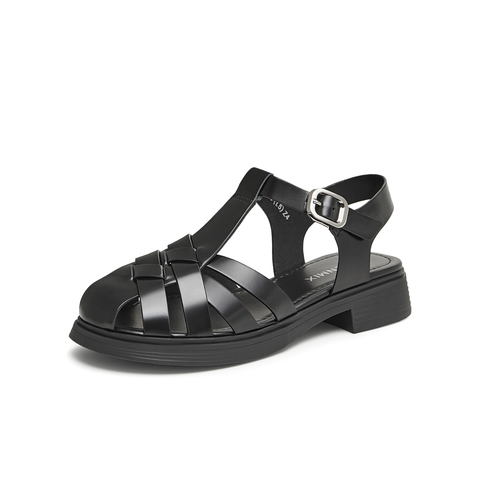 天美意2024夏新款商场同款平底编织镂空休闲罗马女凉鞋CQR31BH4