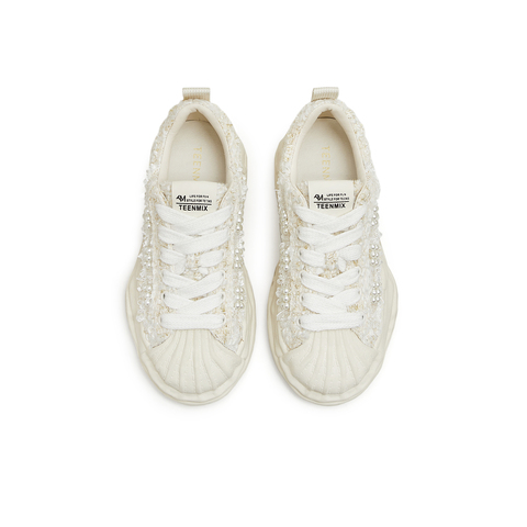 天美意2024春新款溶解底珍珠小香风百搭帆布鞋女休闲鞋KJ001AM4