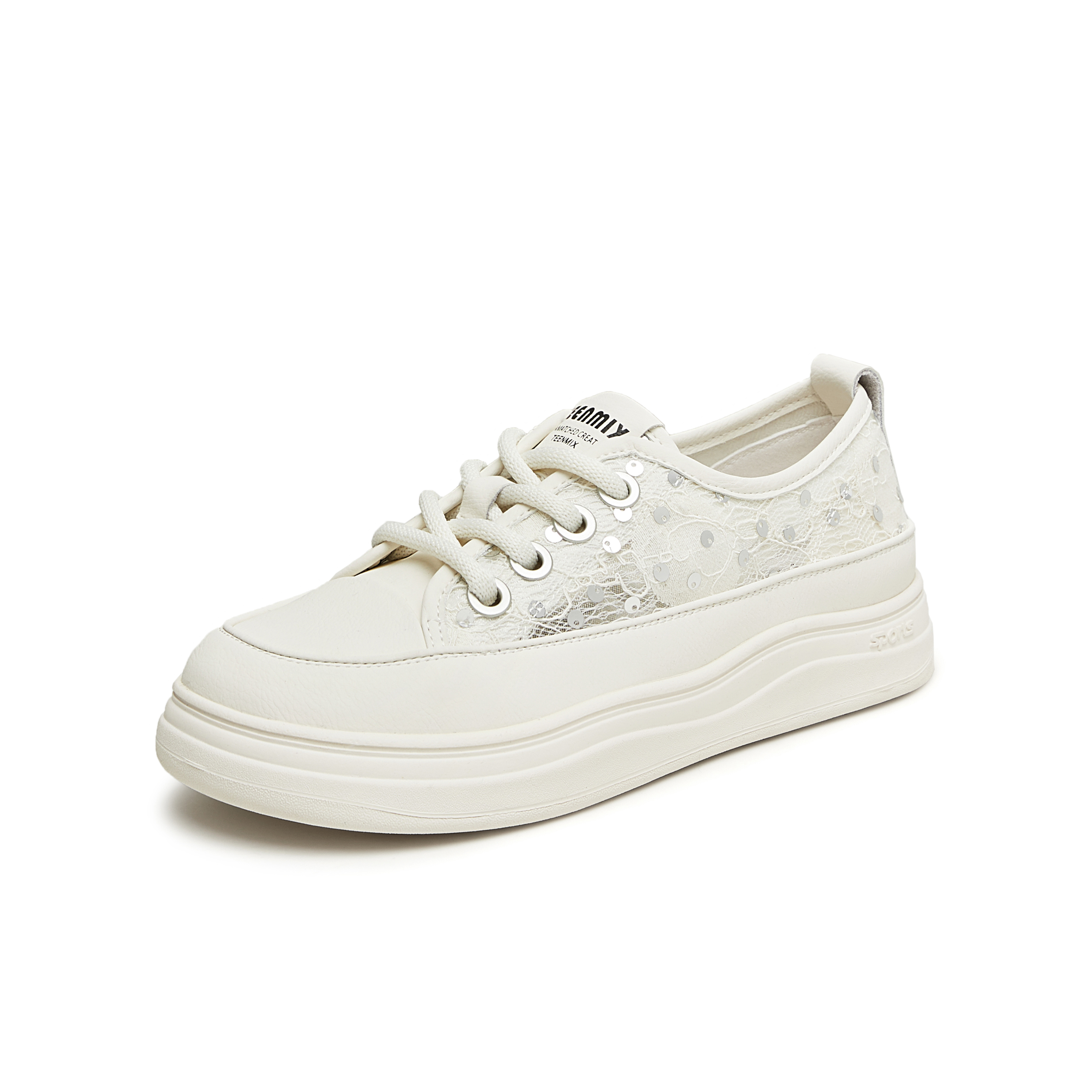 天美意2024夏新款商场同款蕾丝镂空厚底小白鞋女休闲鞋BI741BM4