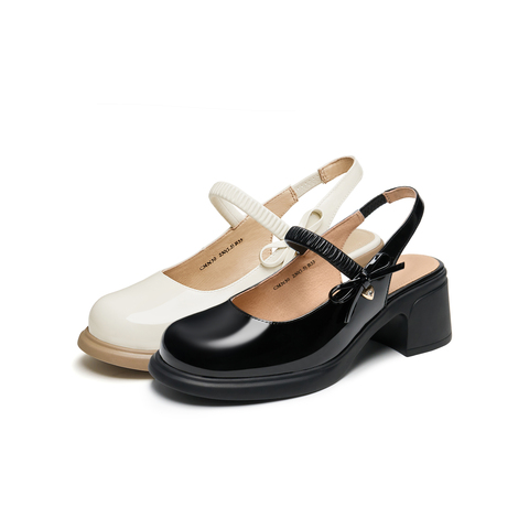 天美意2024夏新款商场同款粗跟法式复古包头后空女凉鞋CMN30BH4