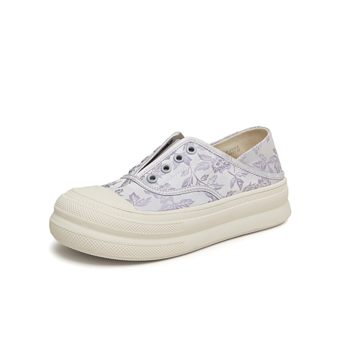 天美意2024秋新款商场同款缎面印花一脚蹬小白鞋女休闲鞋KJ003CM4