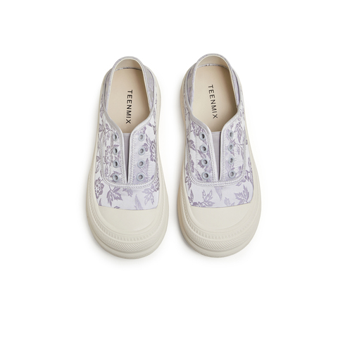 天美意2024秋新款商场同款缎面印花一脚蹬小白鞋女休闲鞋KJ003CM4