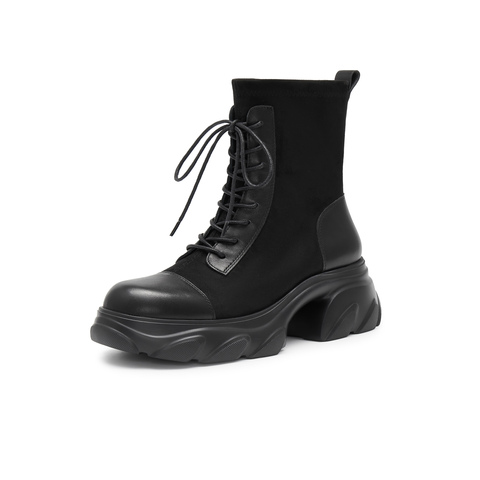 天美意2024冬新款商场同款粗跟增高系带休闲短靴女弹力靴BJ851DD4