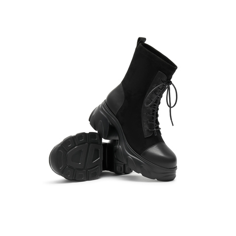 天美意2024冬新款商场同款粗跟增高系带休闲短靴女弹力靴BJ851DD4