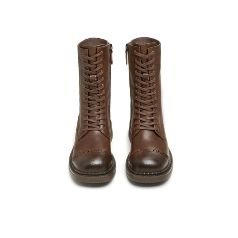 天美意2024冬新款美拉德西部靴系带短筒靴复古女骑士靴KQZ02DZ4