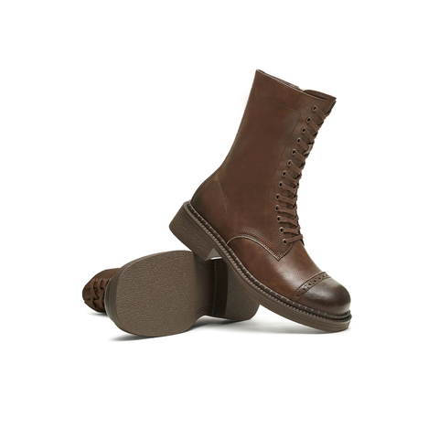 天美意2024冬新款美拉德西部靴系带短筒靴复古女骑士靴KQZ02DZ4