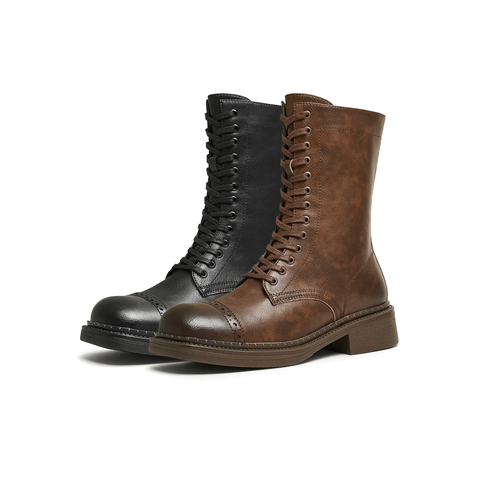 天美意2024冬新款美拉德西部靴系带短筒靴复古女骑士靴KQZ02DZ4