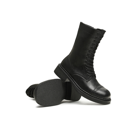 天美意2024冬新款美拉德西部靴系带短筒靴复古女骑士靴KQZ02DZ4