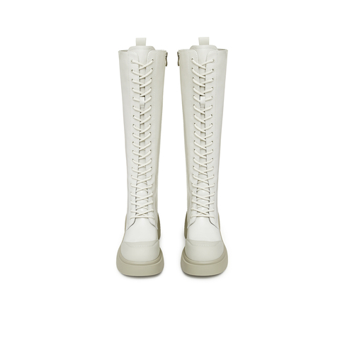 天美意2024冬新款厚底系带弹力靴长筒靴显瘦女骑士靴KTX13DG4