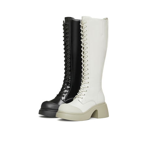 天美意2024冬新款厚底系带弹力靴长筒靴显瘦女骑士靴KTX13DG4