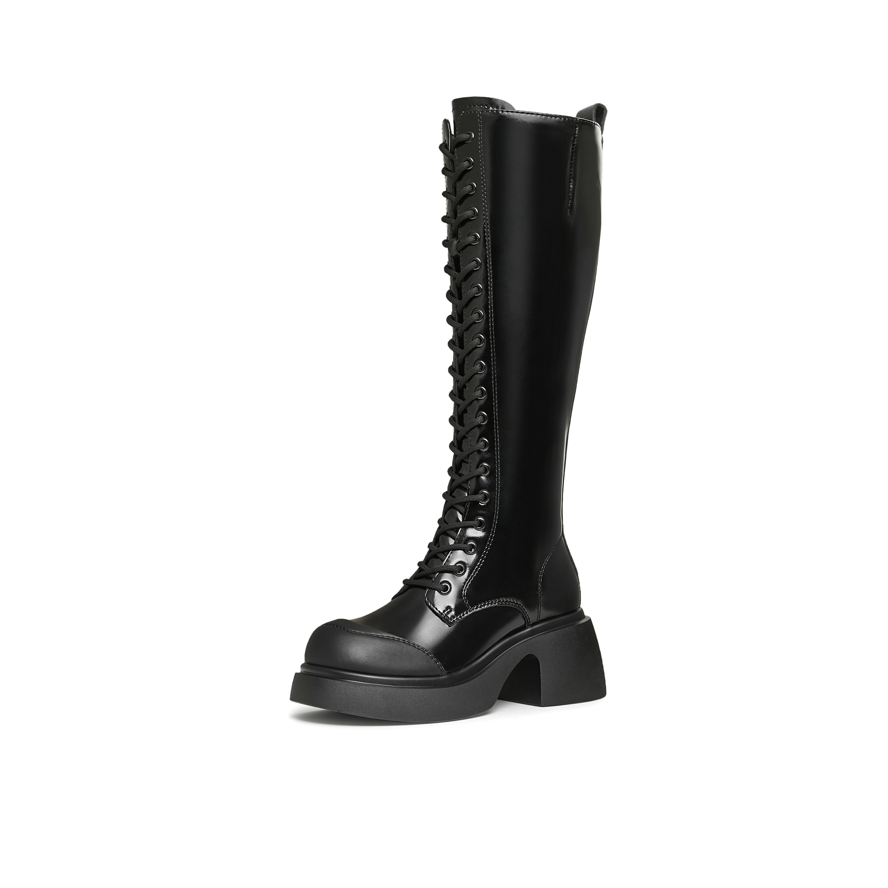 天美意2024冬新款厚底系带弹力靴长筒靴显瘦女骑士靴KTX13DG4