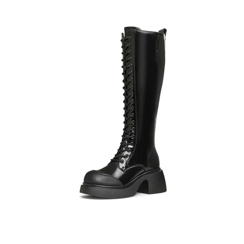 天美意2024冬新款厚底系带弹力靴长筒靴显瘦女骑士靴KTX13DG4