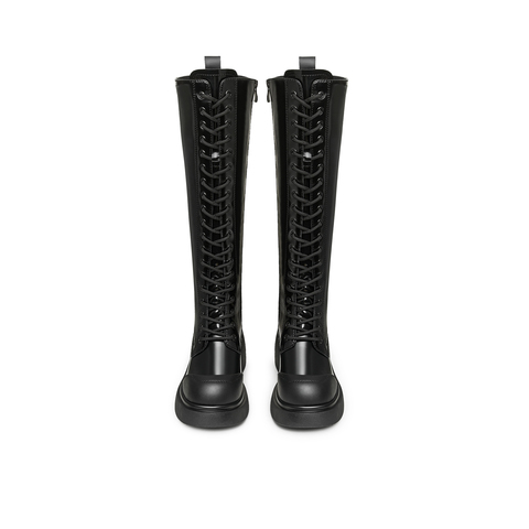 天美意2024冬新款厚底系带弹力靴长筒靴显瘦女骑士靴KTX13DG4