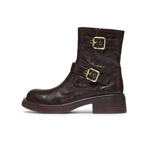 天美意2024冬新款厚底复古潮酷机车风休闲百搭女骑士靴KXZ01DZ4