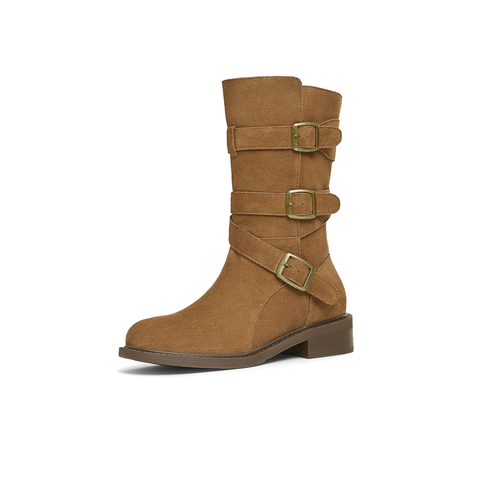 天美意2024冬新款西部牛仔堆堆靴皮带扣复古女西部靴KQZ12DZ4