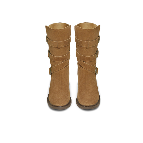 天美意2024冬新款西部牛仔堆堆靴皮带扣复古女西部靴KQZ12DZ4