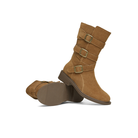 天美意2024冬新款西部牛仔堆堆靴皮带扣复古女西部靴KQZ12DZ4