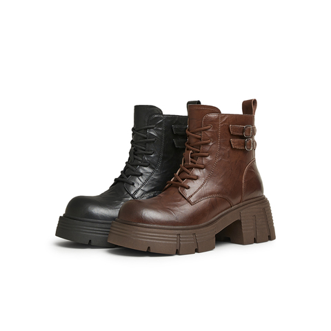 天美意2024冬新款商场同款复古户外厚底系带女马丁靴BK691DZ4