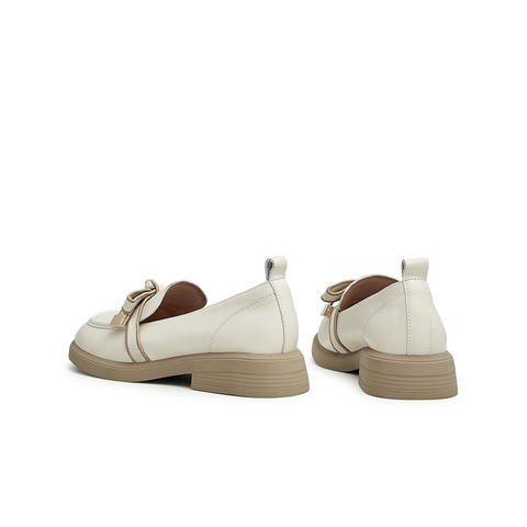 天美意2024秋新款乐福鞋老花蝴蝶结气质女皮单鞋AG008CA4