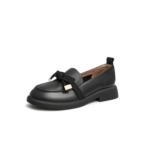 天美意2024秋新款乐福鞋老花蝴蝶结气质女皮单鞋AG008CA4