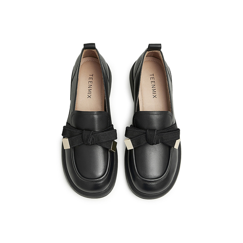 天美意2024秋新款乐福鞋老花蝴蝶结气质女皮单鞋AG008CA4