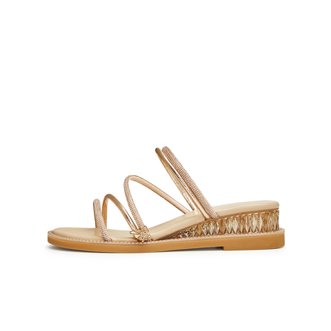 天美意2024夏新款商场同款坡跟水钻外穿时尚百搭女拖鞋CTI19BT4