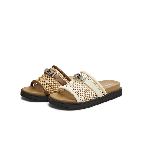 天美意2025夏新款休闲复古百搭通勤平底套脚女一字拖鞋KT064BH5