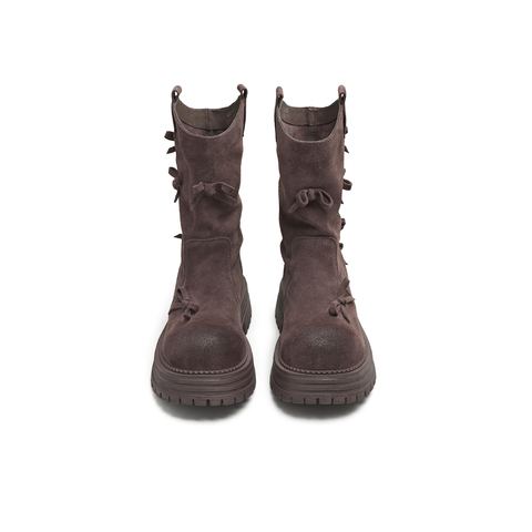 天美意2025冬新款西部靴蝴蝶结堆堆靴厚底复古女骑士靴KXZ10DS5