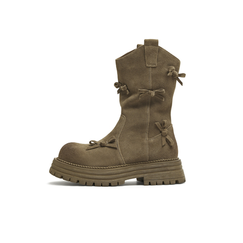 天美意2025冬新款西部靴蝴蝶结堆堆靴厚底复古女骑士靴KXZ10DS5