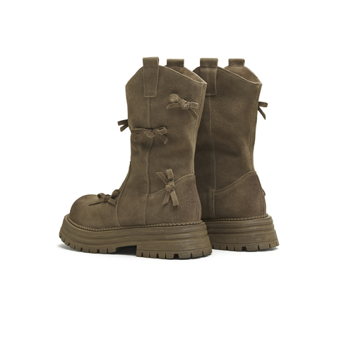 天美意2025冬新款西部靴蝴蝶结堆堆靴厚底复古女骑士靴KXZ10DS5