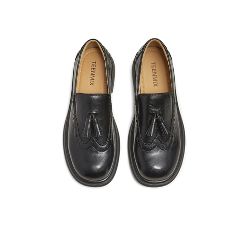 天美意2025秋新款厚底布洛克雕花流苏复古皮鞋女乐福鞋KE066CM5