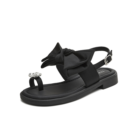 天美意2025夏新款条带凉鞋蝴蝶结百搭纯色女休闲凉鞋KT099BL5