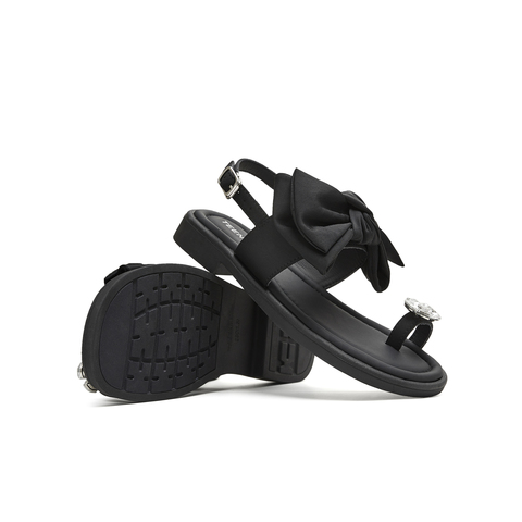 天美意2025夏新款条带凉鞋蝴蝶结百搭纯色女休闲凉鞋KT099BL5