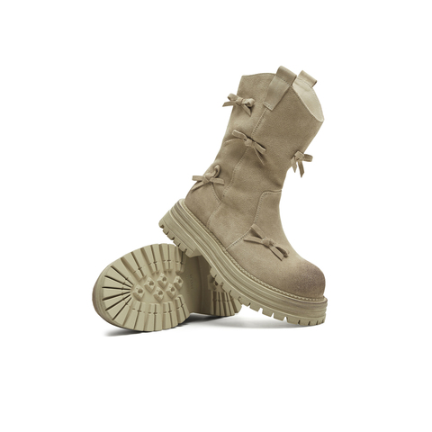 天美意2025冬新款西部靴蝴蝶结堆堆靴厚底复古女骑士靴KXZ10DS5