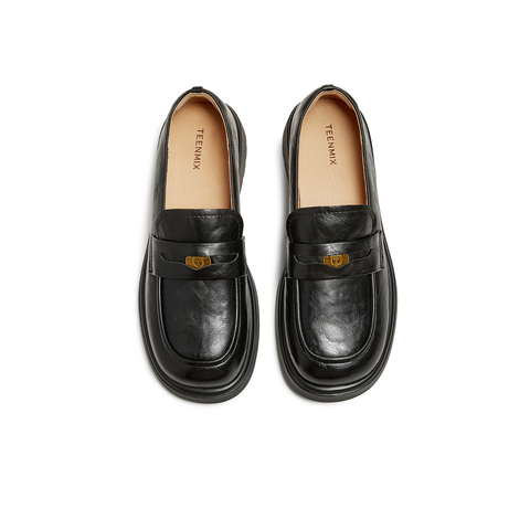 天美意2025秋新款纯色复古百搭jk学院风皮鞋女乐福鞋KE078CM5