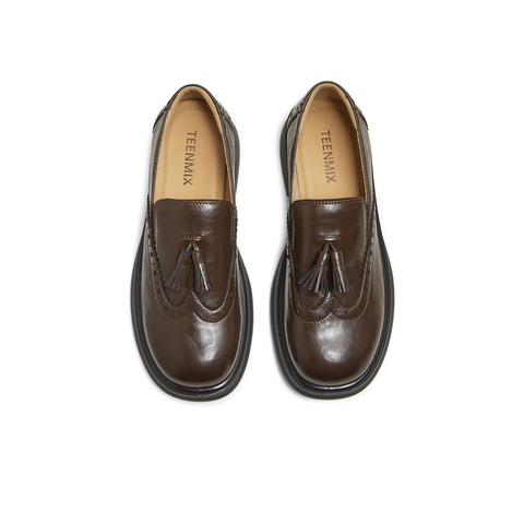 天美意2025秋新款厚底布洛克雕花流苏复古皮鞋女乐福鞋KE066CM5