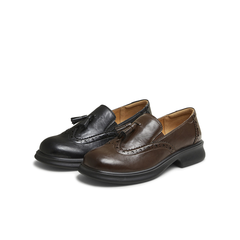 天美意2025秋新款厚底布洛克雕花流苏复古皮鞋女乐福鞋KE066CM5