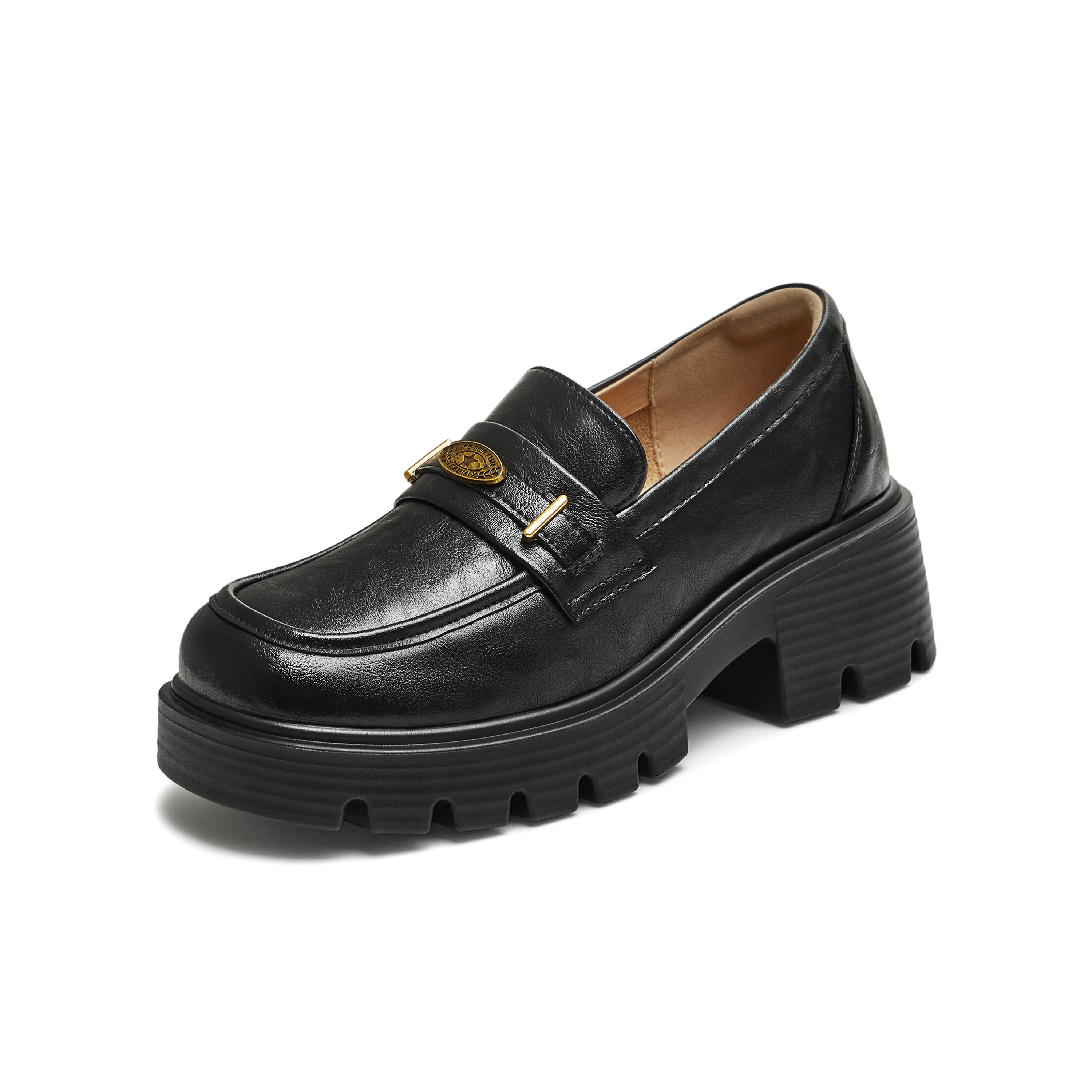 天美意2025秋新款粗跟乐福鞋英伦学院复古女皮单鞋KE068CM5