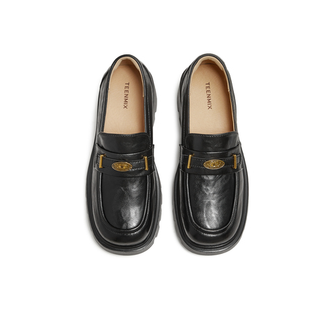 天美意2025秋新款粗跟乐福鞋英伦学院复古女皮单鞋KE068CM5