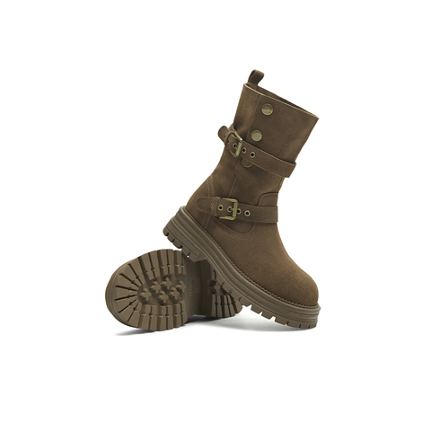 天美意2025冬新款复古厚底英伦风西部靴堆堆靴女骑士靴KXZ09DS5