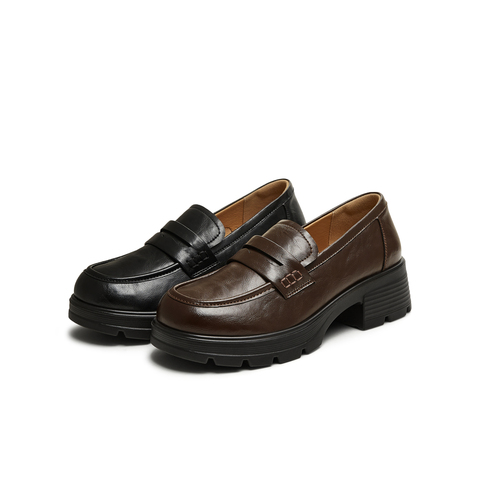 天美意2025秋新款粗跟百搭时尚通勤复古皮鞋女乐福鞋KE069CM5