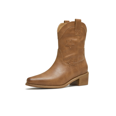 天美意2025冬新款方跟V口显瘦复古英伦风西部靴女短靴KXZ12DD5