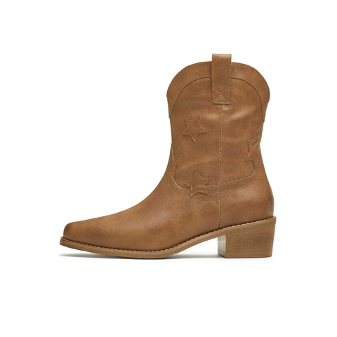 天美意2025冬新款方跟V口显瘦复古英伦风西部靴女短靴KXZ12DD5