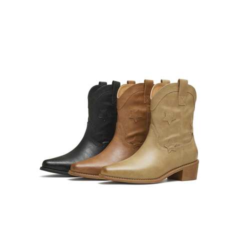 天美意2025冬新款方跟V口显瘦复古英伦风西部靴女短靴KXZ12DD5